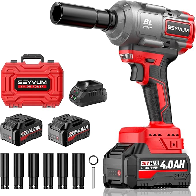 SEYVUM Cordless Impact Wrench, 1/2” Max Torque 600 Ft-lbs / 800 N.m Powerful Impact Gun, 20V 3500RPM Electric Impact Driver, 2 x 4.0Ah Battery & Fast Charger, 6 Impact Sockets, Carrying Case Included