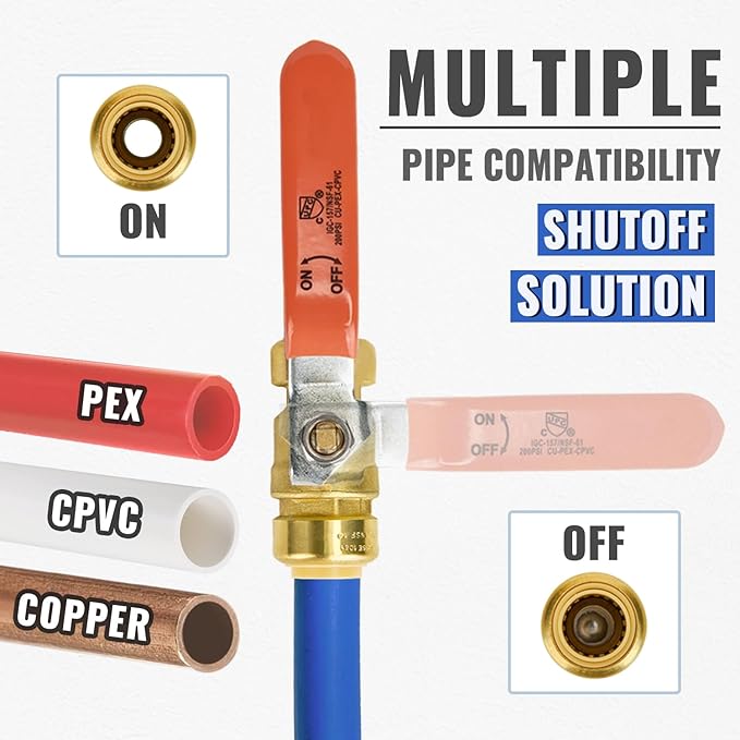 Shut Off Ball Valve 3/4 Inch, SUNGATOR 3/4 Inch Ball Valve, Push-to-Connect Water Shutoff, No Lead Brass Push Plumbing Fittings for PEX Pipe, Copper, CPVC, Pack of 1