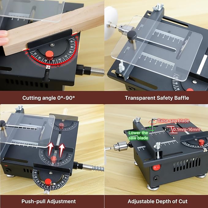 Mini Small Multi-Functional Table-Saw - Portable Crafts Table Saw Speed Angle Cutting Depth Adjustable Cutting Sanding Engraving for Wood Acrylic PCB Plastic