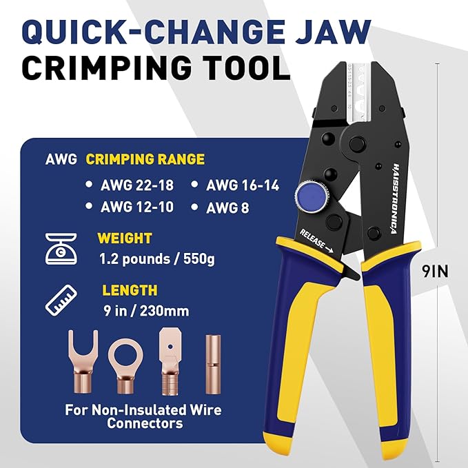 haisstronica Quick Change Jaws Crimping Tool for Non-Insulated Wire Connectors AWG 22-8 Ratcheting Wire Crimper & Terminals - H4