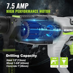 WORKPRO Premium 1-1/4 Inch SDS-Plus Rotary Hammer Drill, 7.5AMP, Lightweight Corded Version for Concrete Demolition Chipping Rotomartillo, 5 SDS-Plus Bits