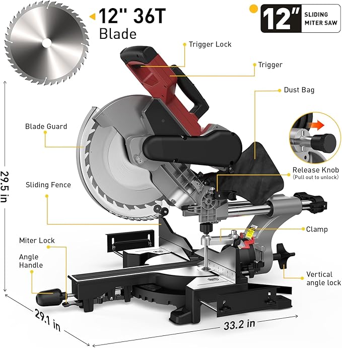 12-Inch Dual-Bevel Sliding Compound Miter Saw, 3800RPM, 15 Amp, Single Bevel 0-45° with Extension Table, 36T Blade, Power Saw for Metal, Plastic, Wood, Laminates