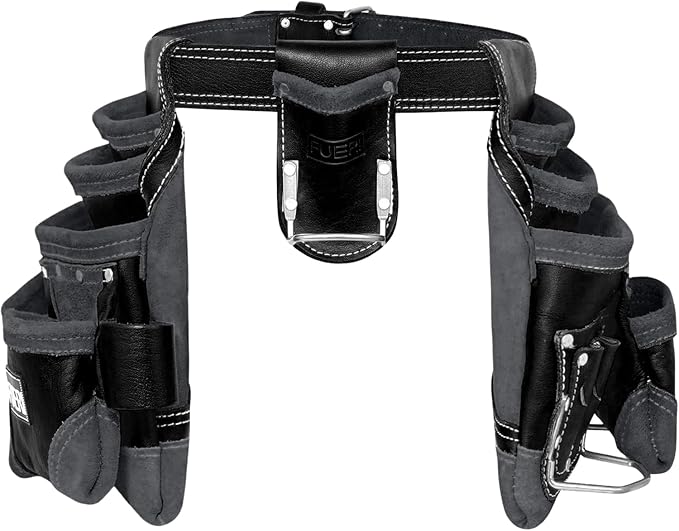 FUERI Leather Tool Belt Bag Men Pouch Heavy Duty Tools Pouches Organizer for Carpenter Construction Electrician Belts Bags Holder (16 Pocket Black, Adjustable)