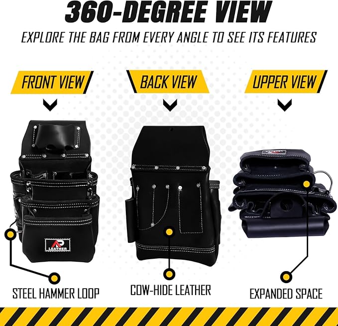 Pro-015 Leather Tool Pouch for Construction,Heavy Duty Hammer Holder,Buckle,3 Pocket Large with Belt, 12 Small Pocket, Tool Organizer