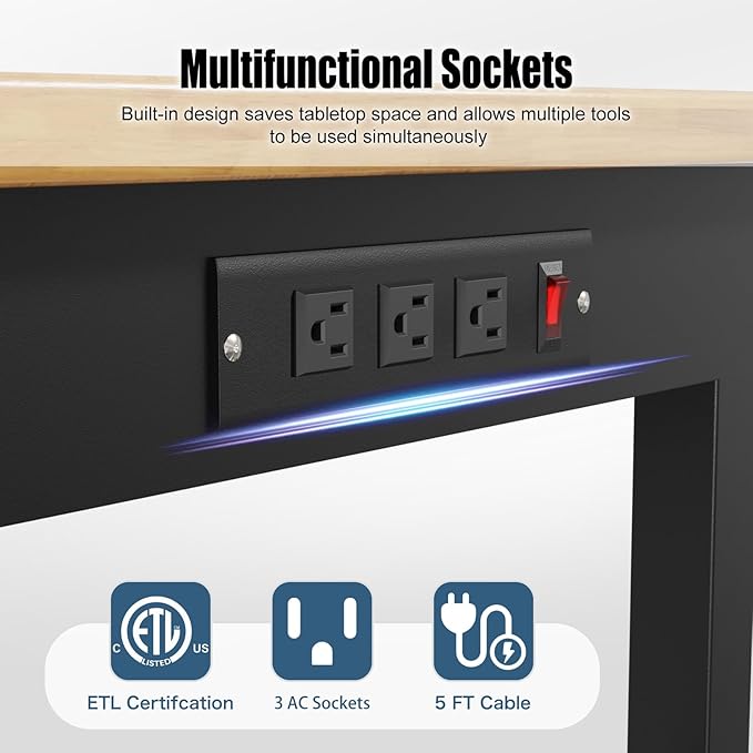 60” Wood Work Bench Work Table, Heavy-Duty Adjustable Workbench with Power Outlets, 3000 Lbs Capacity Tool Bench Workstation for Garage, Workshop