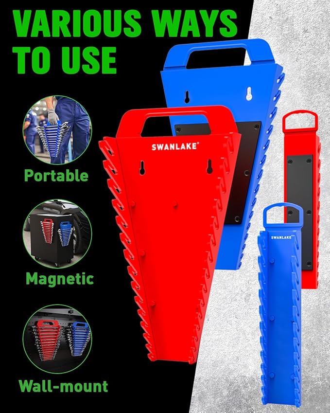 SWANLAKE 4-Pack Magnetic Wrench Organizer Toolbox Holder, 2PCS 15-Slot and 2PCS 12-Slot Wrench Organizers, SAE & Metric Ratchet Holders for Tool Box