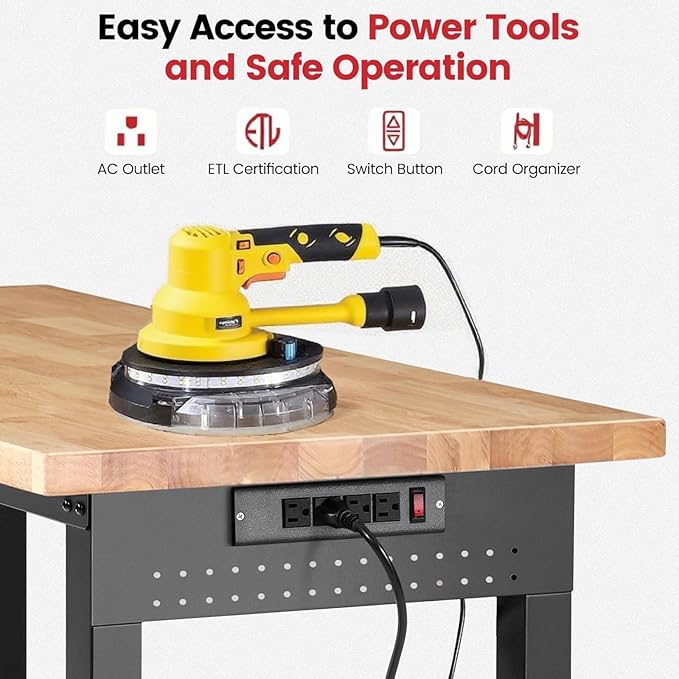 Work Bench with Double Layers 60 x 22 Inch Heavy Duty Rubberwood Tabletop Work Table Adjustable Height Workbench with Wheels, Sided Pegboard, Power Outlets for Garage Home Office