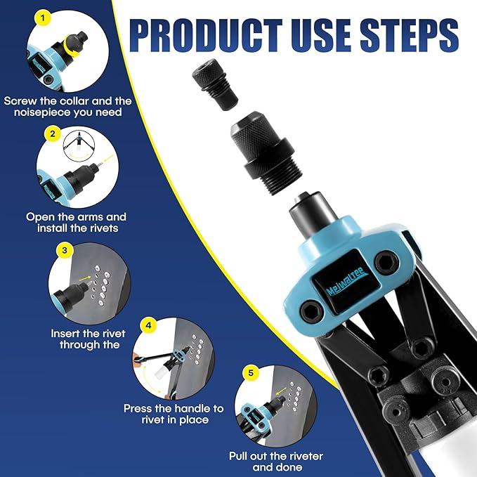 Meiwaltee 13" Rivet Gun, 1/4 Pop Rivet Gun with 100 Pcs Rivets, Manual Hand Heavy Duty Riveter with 5 Nosepieces for Plastic Metal,Aluminum, Plastic, Tube Stock,Gutter & Automotive.