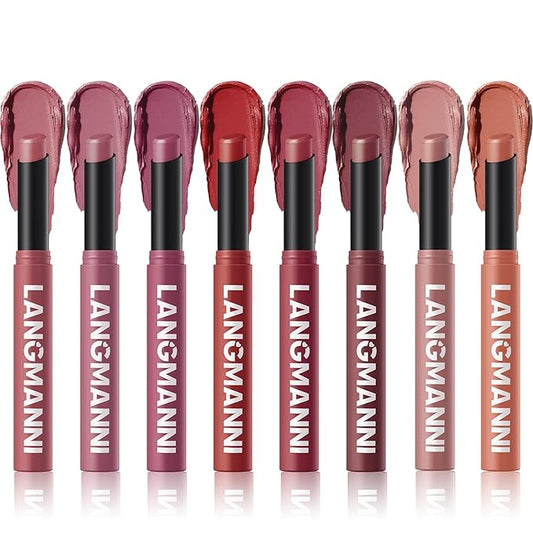 Jolilab 8 Pcs Velvet Matte Lipstick Nude Matte Soft Dark Color Stick Waterproof Long-Lasting Non-Stick Cup High Pigmented Lip Stick Lip Balm Beauty Cosmetics Gift for Girls（7-12+1+5