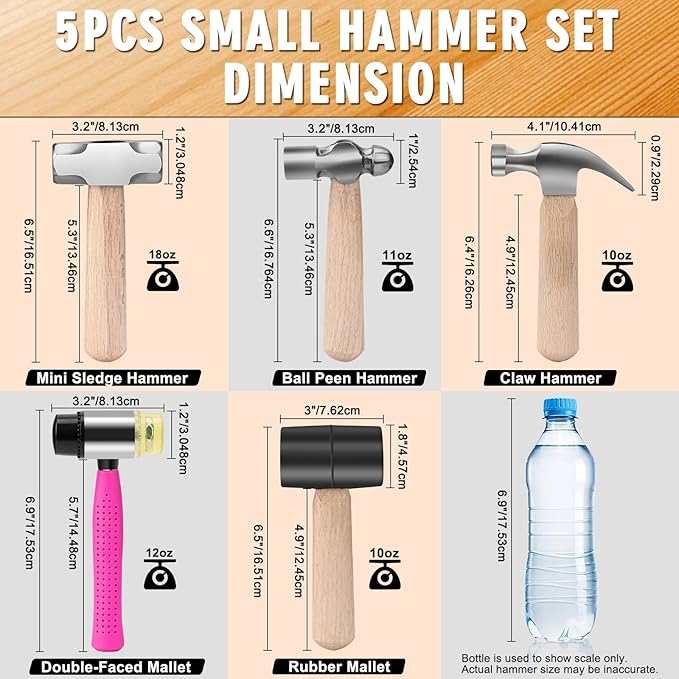5Pcs Small Hammer Set - 10oz Rubber Mallet Hammer, 18oz Mini Sledge Hammer, 12oz Double-Faced Mallet, 11oz Ball Peen Hammer, 10oz Claw Hammer with Short Wood Handle for Lightweight Home Repair & Craft