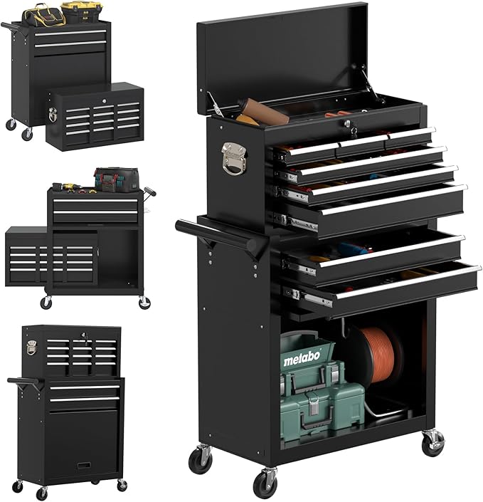 8 Drawer High Capacity Rolling Tool Chest, Metal Tool Box with Wheels and Drawers, Detachable Toolbox with Lock, Heavy Duty Tool Cabinet for Workshop, Warehouse and Garage (Black)