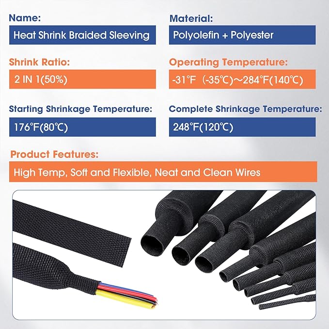2:1 Heat shrinkable Braided Sleeving Fabric Wire Loom High Temp Heat Shrink Wiring Harness Abrasion Protector Cable Sleeve(3/8"-34ft)