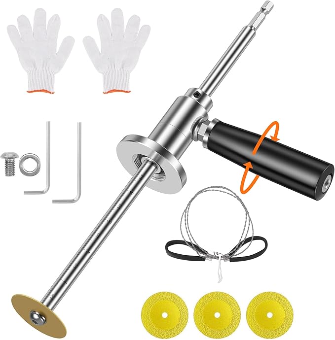 Inside Pipe Cutter for PVC Pipe Cutter Tool with Handle and 3 Pcs Diamond Grit Cutting Wheel, Pipe Cable Saw, 7-Inch Adjustable Cutting Depth, Internal Pipe Cutter for Drill with 1/4in Hex Shank