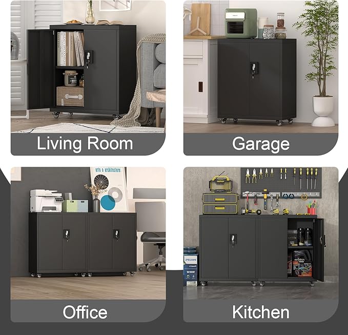Metal Garage Storage Cabinet with Wheels,31.89" H Steel Lockable Cabinet with 2 Doors and 1 Adjustable Shelf, Small Rolling Cabinets for Home Office, Garage, Black