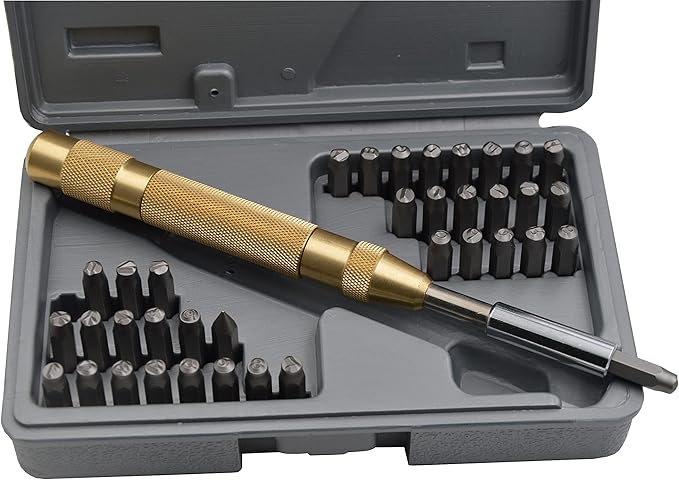 WKSTOOL 27pc Steel Stamp 5/64 2mm Heavy Duty Uppercase Letter Number Symbols with Spring Punches Hand Stamping Character Code Alphabet Marking Set for Mold Metal Jewelry Crypto Plate Leather