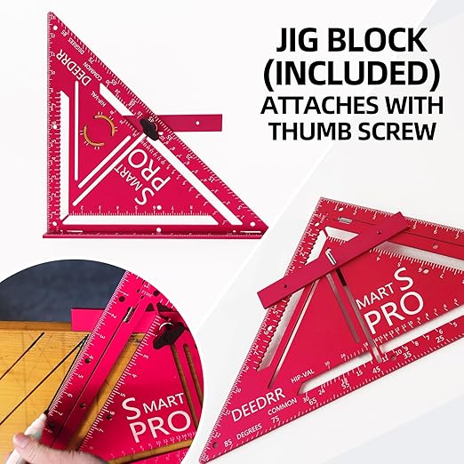 Pro 12 Inch Advanced Carpenter Square-Jig Block -Leve-Accurate Flatwork- Framing Square- Multi-Angle Measuring Tool (90° & 180°) for Carpenters & Architects (Red)