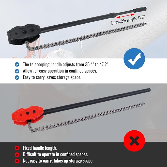 YHK Chain Pipe Wrench, Chain Tongs with 41.3" Chain Length and 35.4”-47.2” Telescopic Handle Length, Chain Wrench for Pipe Installation, Repair, and Maintenance, Fit for 1-1/2"-8" Pipe Diameters