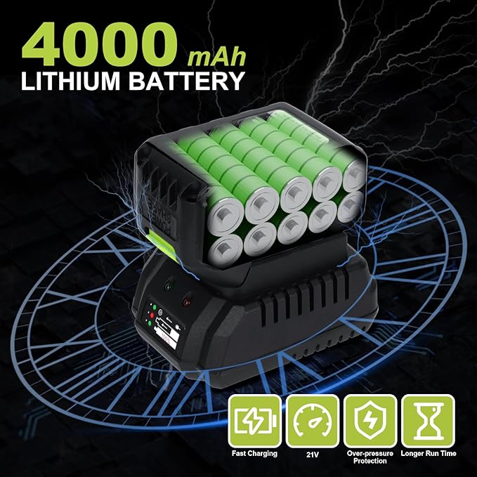 Yougfin Cordless Impact Wrench 1/2 with 550N.M High Torque & Brushless Motor, Power Impact Gun with Li-ion 4.0Ah Battery - Ideal for Automotive Repairs, Home Improvement, Green & Black