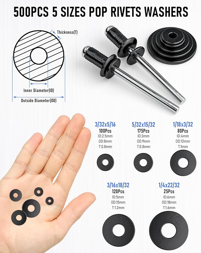 INCLY 1000PCS Pop Rivets Assortment Kit, 14 Sizes Black Rivets for Metal 3/32" 1/8" 5/32" 3/16" 1/4" and 5 Sizes 304 Stainless Steel Washers with Storage Case