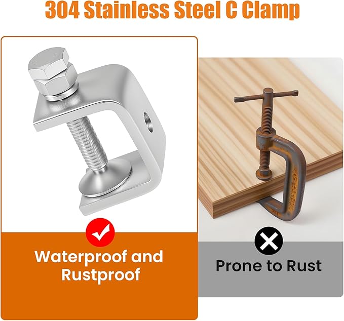 1-3/16 Inch C Clamps, 2 Pack 304 Stainless Steel C Clamps for Woodworking and Welding,Stable Wide Jaw Opening Tiger Clamp for Construction Household Mount(30mm)