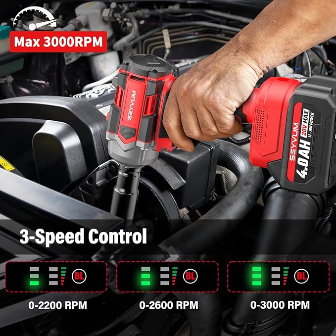 SEYVUM Cordless Impact Wrench, 1/2” Max Torque 440 Ft-lbs / 600 N.m Power Impact Gun, 20V 3000RPM Electric Impact Driver, 2 x 4.0Ah Battery, 4 Impact Sockets, Carry Bag Included