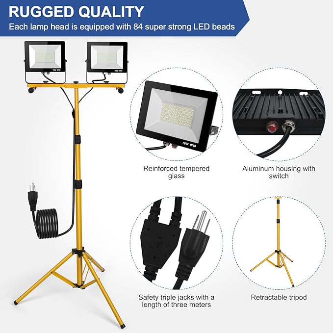 14000Lumens LED Work Lights with Stand, 2 Adjustable Work Lamp Head with Individual Switch, IP66 Waterproof Tripod Work Light for Outdoor Indoor Job Site Workshop Garage Construction Site