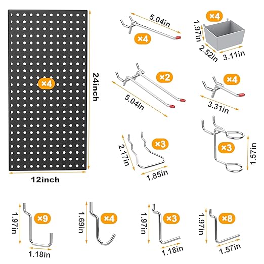 4x2ft Metal Pegboard Kit for Tools Storage, Black Pegboard Wall Organizer with Hooks and Pegboard Bins