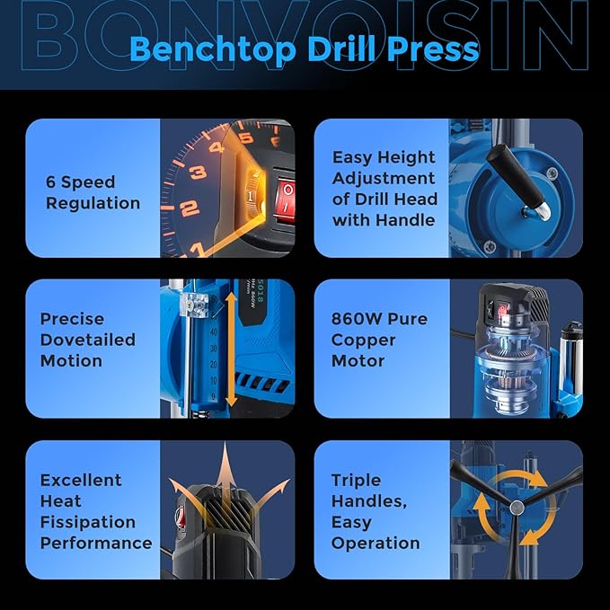 Bonvoisin Benchtop Drill Press with Square Hole Drill Bit, Bench Mortising Machine for Woodworking, 860W Electric Drilling Machine Chuck Capacity 1.5-10mm