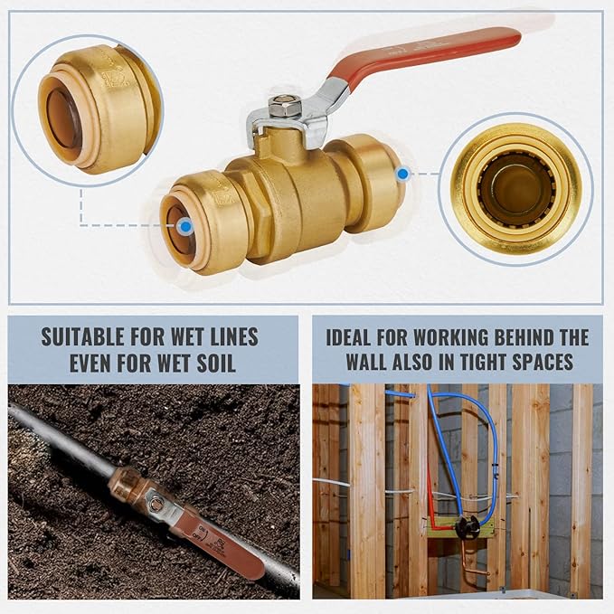 SUNGATOR 1 Inch Ball Valve, 1" Shut off Valve, No Lead Brass Push-to-Connect Plumbing Fittings, Full-Port Fit for PEX Pipe, Copper, CPVC, PE-RT, Pack of 2