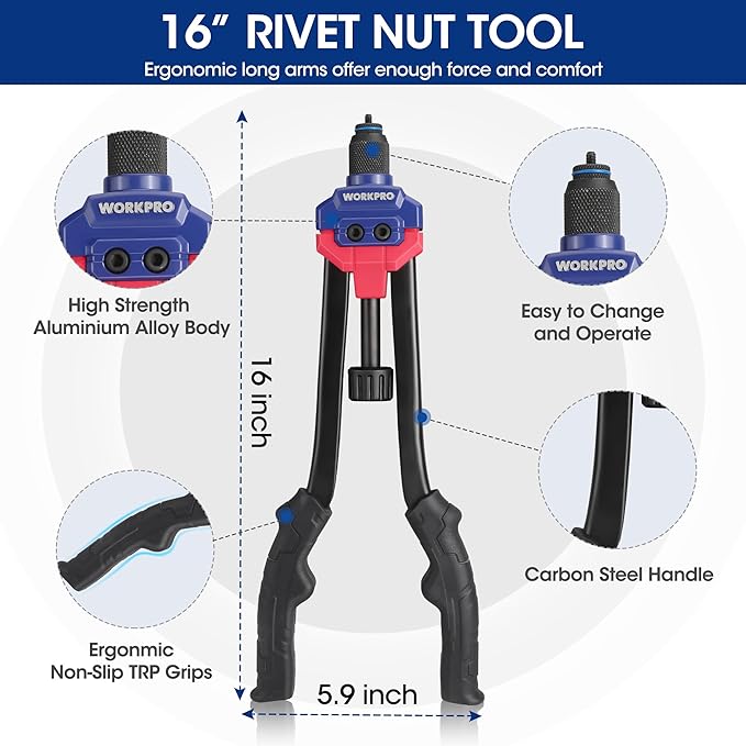 WORKPRO 16" Rivet Nut Tool, Nutsert Rivnut Tool Kit with 11 Metric and SAE Mandrels, 185pcs Rivnuts Assortment Kit with Carrying Case, Ideal for Sheet Metal & Automotive Work