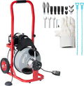 Albott 75 FT x 3/8 inch Electric Drain Cleaner Machine with Auto-Feed & 10 Cutters, Sewer Snake Auger for 1–4 Inch Pipes, Foot Switch & Wheels, Ideal for Commercial & Home Use, Gray/Red