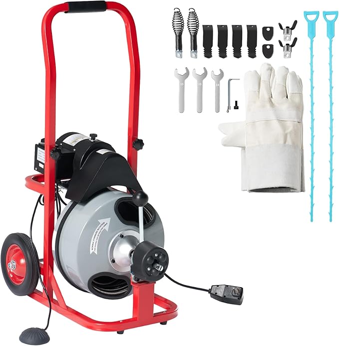 Albott 75 FT x 3/8 inch Electric Drain Cleaner Machine with Auto-Feed & 10 Cutters, Sewer Snake Auger for 1–4 Inch Pipes, Foot Switch & Wheels, Ideal for Commercial & Home Use, Gray/Red