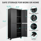 SISESOL Metal Storage Cabinet with Wheels,73" Rolling Garage Storage Cabinet with Lock,Black Metal Cabinets with Shelves and 4 Doors,Tall Tool Cabinets on Wheels for Garage,Home,Office,Shop