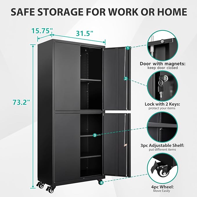 SISESOL Metal Storage Cabinet with Wheels,73" Rolling Garage Storage Cabinet with Lock,Black Metal Cabinets with Shelves and 4 Doors,Tall Tool Cabinets on Wheels for Garage,Home,Office,Shop