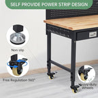 48'' Adjustable Workbench, Heavy Duty Workbench with Drawer and Backplate, 2000 LBS Capacity Work Table with Power Outlet and Lockable Wheels, Suitable for Office, Garage, Workshop