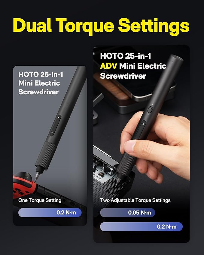 HOTO 25-in-1 ADV Mini Electric Screwdriver, Precision Screwdriver Set with LED & Dual Torque, Professional Repair Tools for Technicians, Engineers & DIY Electronics