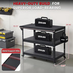 3-Tier Rolling Workbench Heavy Duty Adjustable Metal Tool Work Table with Side Pegboard, Wheels & Push Handle Mobile Workstation for Garage, Warehouse, Kitchen