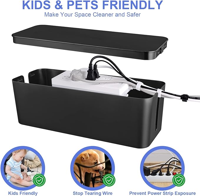 Cable Organizer Box Set of Three, Power Cover Cord Holder Surge Protector for Desk (Black)