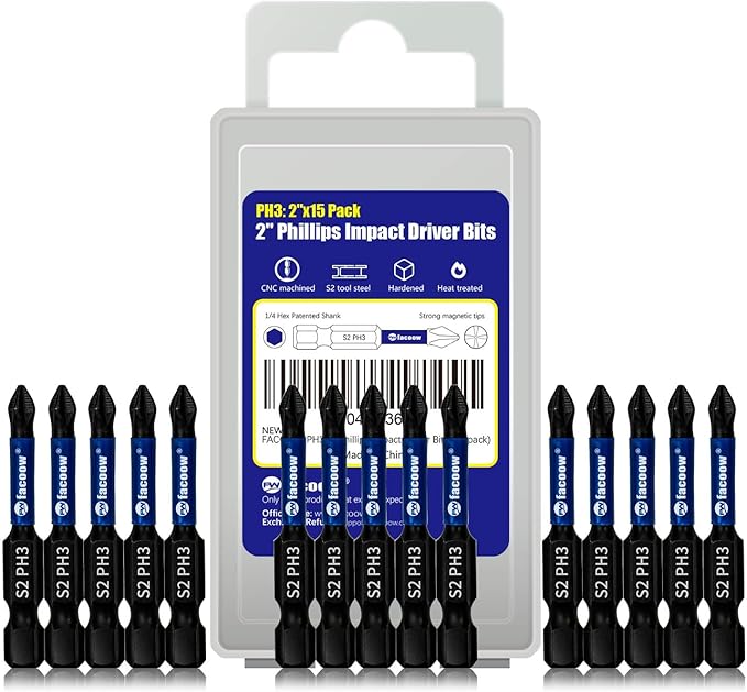 15 Pack Phillips Impact Driver Bits, #3 Phillips Head Magnetic Screwdriver Bits Set, 2 Inch S2 Alloy Steel Impact Bits, 1/4" Hex Shank Screwdriver Drill Bit, CNC Machined ph3 Impact Drill Bits