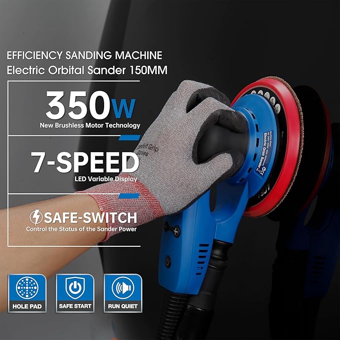 Electric 5mm Random Orbital Sander, Brushless 350W Low Vibration Orbital Sander, 6Inch Backing Pad, 7 Variable Speed (4000-10000RPM), Handheld Sanders for Surface Refinish, Woodworking, Cord 5M