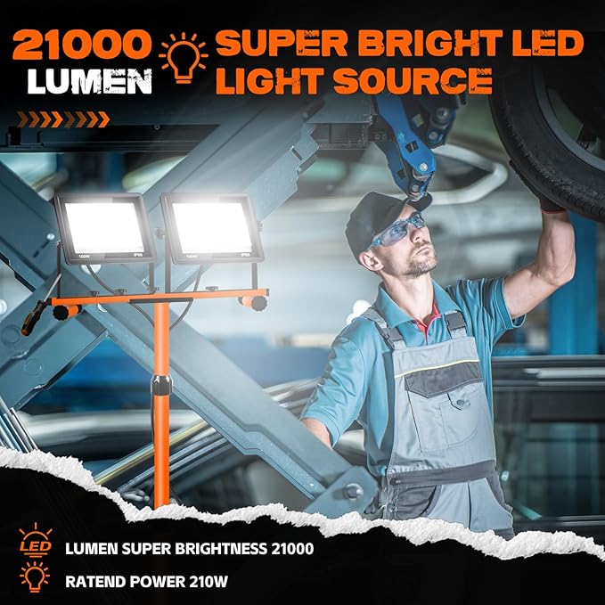 21000 Lumen Work Lights with Stand, 3 Adjustable Head LED Work Light, with Adjustable and Foldable Tripod Stand, Waterproof Lamp with Individual Switch with 6500 Kelvin Color (2-Head-Orange)