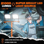 21000 Lumen Work Lights with Stand, 3 Adjustable Head LED Work Light, with Adjustable and Foldable Tripod Stand, Waterproof Lamp with Individual Switch with 6500 Kelvin Color (2-Head-Orange)