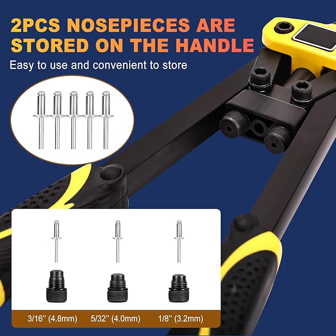 13" Rivet Gun, Rivet Gun Kit with 5 Pcs Rivets, 3 Nosepieces Manual Hand Pop Rivet Gun(1/8", 5/32", 3/16"), Heavy Duty Rivet Tool for Metal, Aluminum, Stainless Steel
