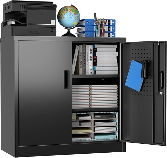 Metal Storage Cabinet with Pegboard 31.5”H×31.5”W×16.5”D, Lockable Rolling Steel Storage Cabinet with 2 Adjustable Shelves and Door for Garage, Office, Kitchen, Assembly Required(Black)