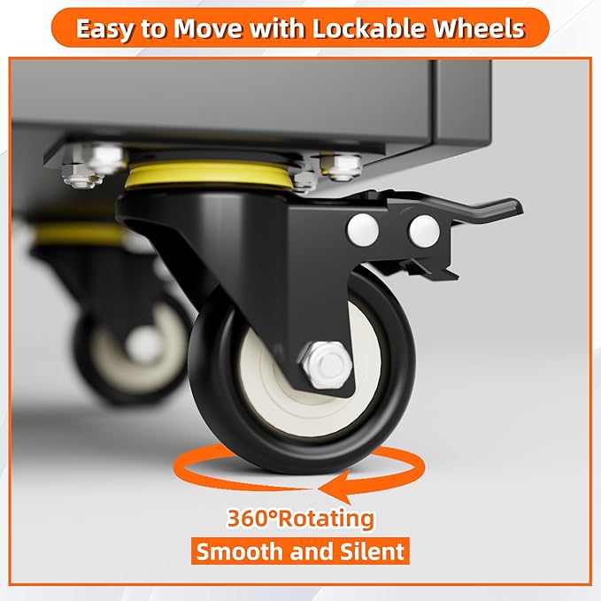 Aobabo Metal Storage Cabinet with Wheels and 1 Interior Drawer, Steel Rolling Tool Cabinet with 16 Hooks and 2 Adjustable Shelves for Garage, Home, Office, Kitchen, Black Gray, Assembly Required