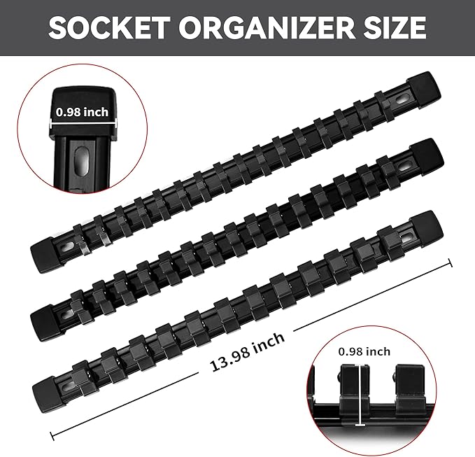 Socket Organizer Drive ABS Tools - Black Socket Holder, Premium Quality 12 Pieces Socket Holders Kit 1/4-Inch x 64 Clips, 3/8-Inch x 60 Clips, 1/2-Inch x 48 Clips（12PC,Black)