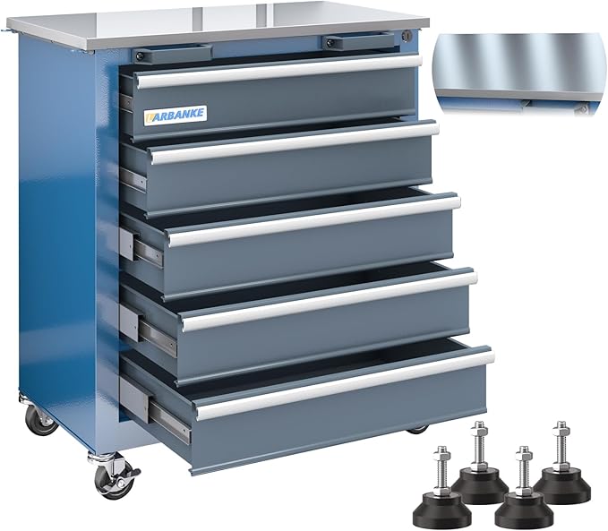 5-Drawer Rolling Tool Chest,Tool Chest on Wheels and Keyed Locking System,Tool Cabinet with Stainless Counter Top and Drawer Liners,Special Link Buckle for Connecting,for Home,Garage