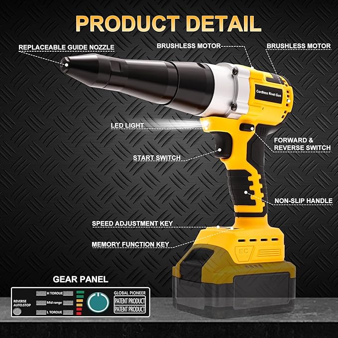 YEARTOP Cordless Rivet Tool for De-Walt 20V Max Battery, Electric Rivet Tool Kit for 3 Size (1/8'', 5/32'', 3/16") Rivets, Blind Pop Rivet Gun with 100PCS 5/32'' Rivets for Metal, Plastic(No Battery)