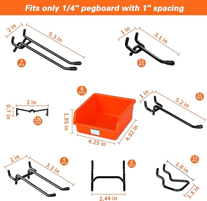 296 PCS Extra Thick Pegboard Hooks for 1/4" Peg Board Hanging Tools, Heavy Duty Metal Black Pegboard Accessories with Pegboard Bins and Peg Locks for Garage Organization