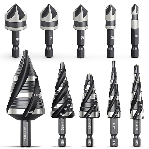 THINKWORK 5 Pcs Four Spiral Flute Step Drill Bit Set & 5 Pcs Countersink Drill Bits with Tool Box, Nitriding HSS Drill Bits for Metal, Aluminum, Wood, Plastic